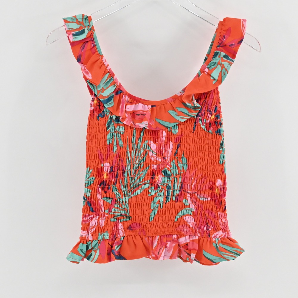 Sugar Lips Floral Smocked Ruffle Top Size S Tropical Vacation Sleeveless Orange - Picture 2 of 13